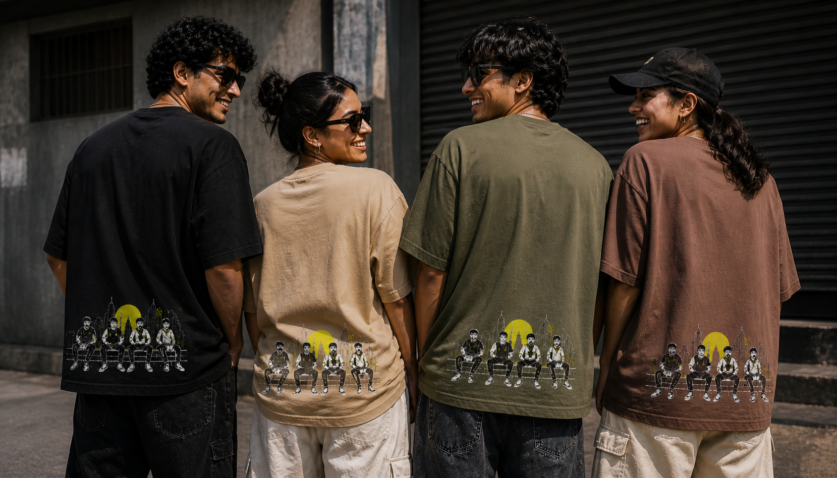 Custom FITLOOP tees worn by a group of 4 friends